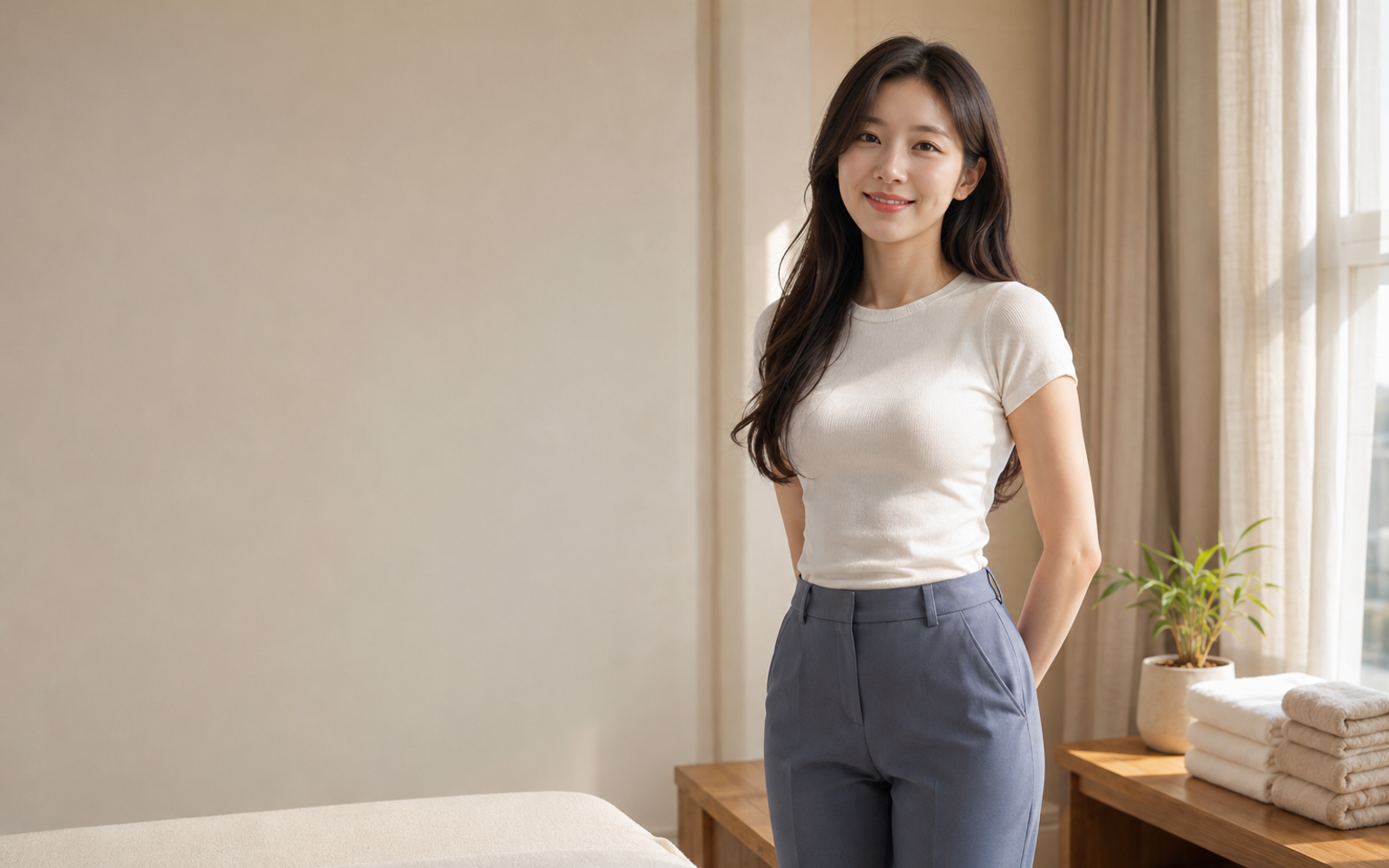 시흥 방문 홈케어를 안내하는 젊은 성인 한국 여성 관리사